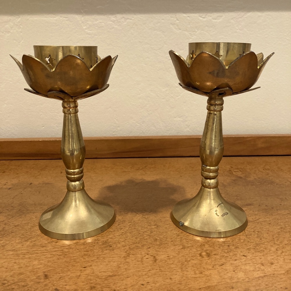 Brass petal motif candlesticks - set of two
